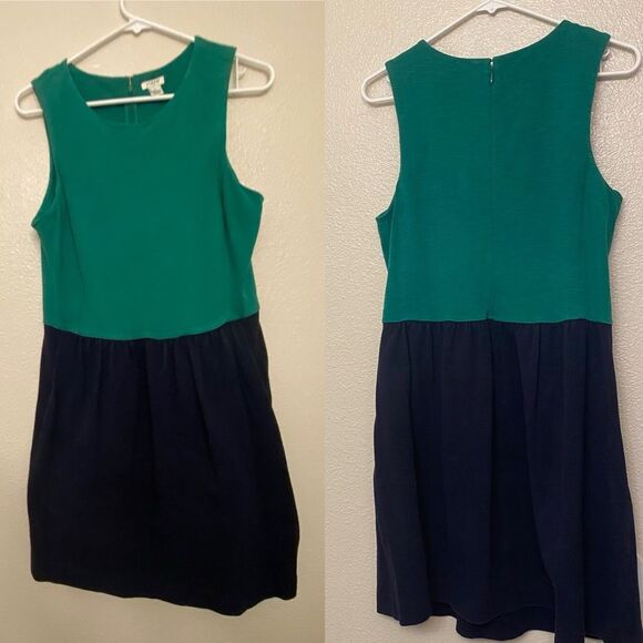 J. Crew Daybreak kelly Green blue block Fit Flare Dress sleeveless prep cotton M - Picture 2 of 11